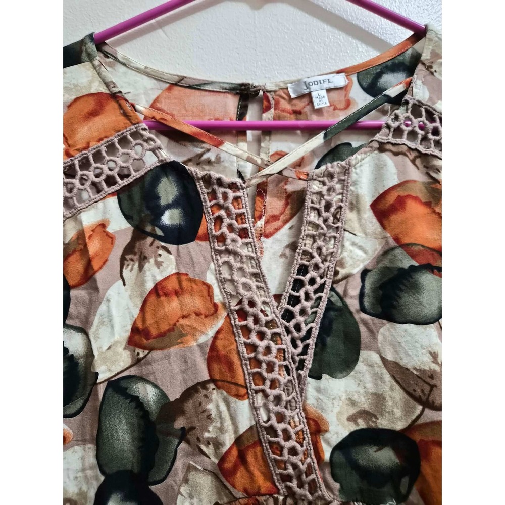 Jodifl Womens Boho Fall Tunic Top Orange Green Leaf Print Ruffle Sleeve Large - Picture 3 of 5